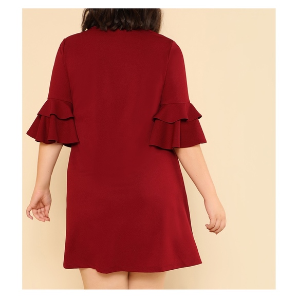 Burgundy Half Ruffle Sleeve Plus Size Shift Dress - Picture 3 of 6
